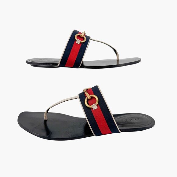Gucci Horsebit Web Stripe Thong Flat Sandals White Flip Flop Size 38 US 8 Women - Picture 8 of 13